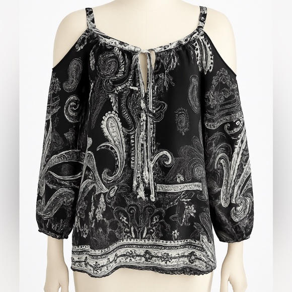 Beige by Eci Cold Shoulder Tie Front Paisley Dolman Sleeve Top – Size Large - Picture 1 of 6